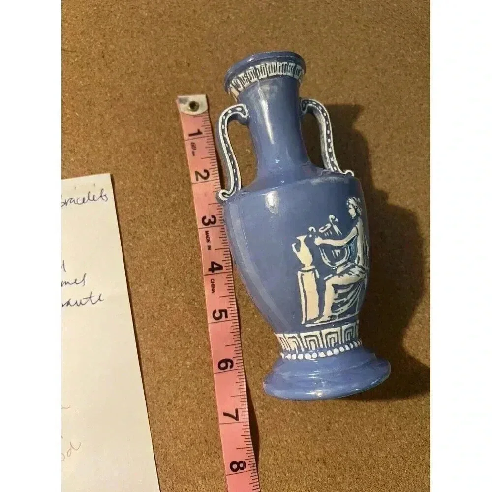 Vintage Greek Inspired Blue Handmade Vase 1977 Woman Playing Music